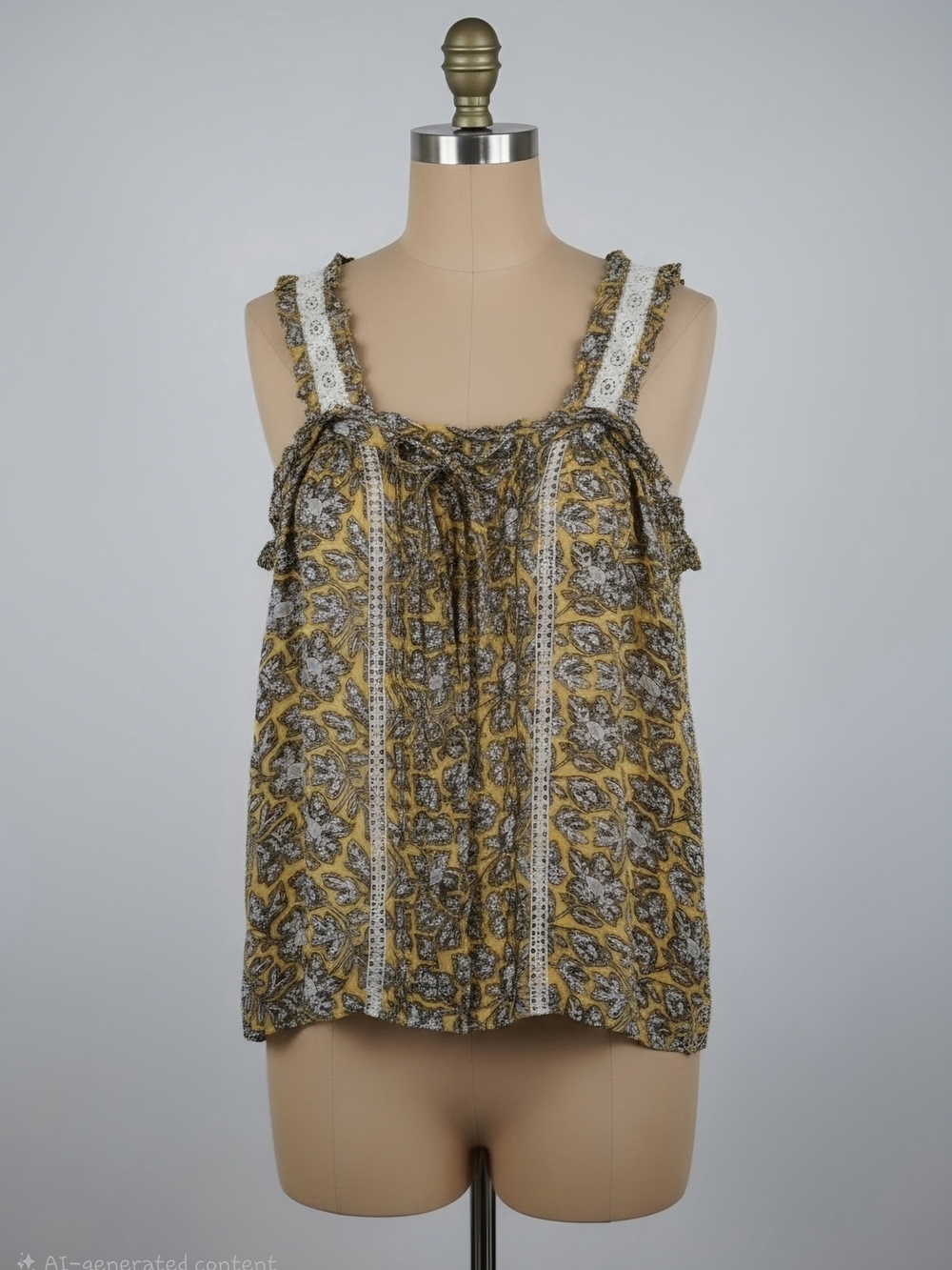 Anthropologie Yellow and Gray Paisley Lace-Trim Camisole